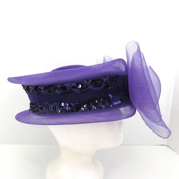 Ladies Purple 100% Wool Felt Church Hat with Tulle and Sequins WPL4884 - Picture 3 of 10